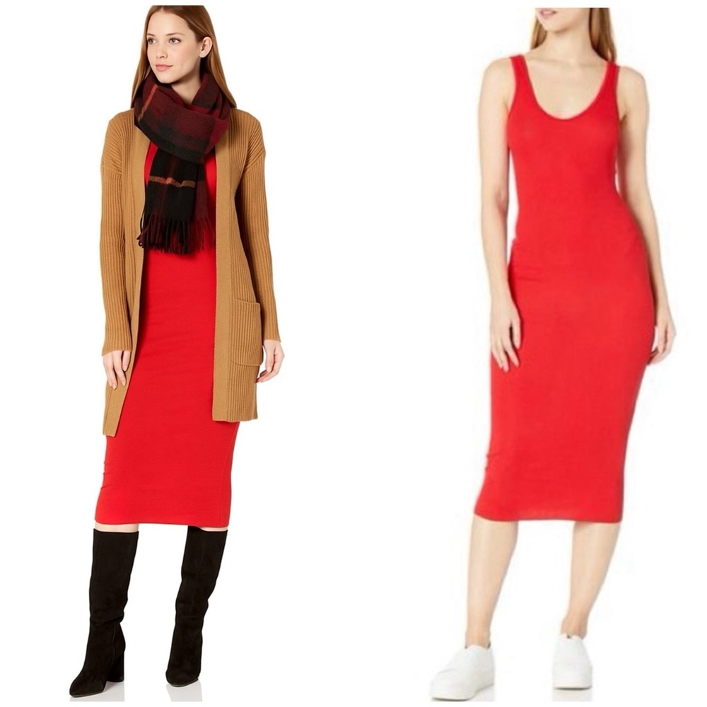 Revamped | Solid Coral Red Bodycon Scoop Neck Stretch Sleeveless Midi Tank Dress